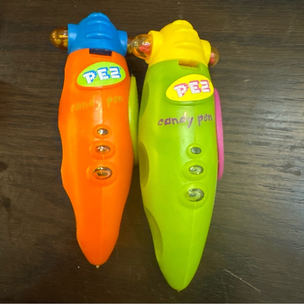 Set Of 2 Vintage PEZ Candy Pens, Opened — Orange and Green